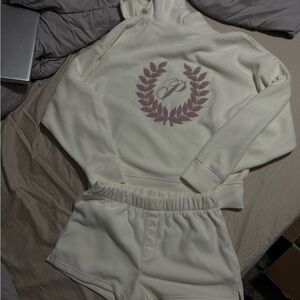 PINK Victoria's Secret Ivory Hoodie & Shorts Lounge Set with Pink Crest